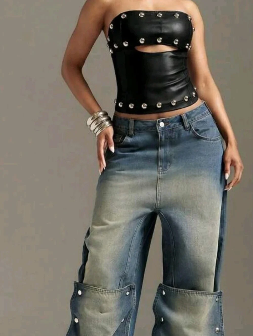 Strapless Black Faux Leather Studded Corset Top XL - Picture 5 of 7